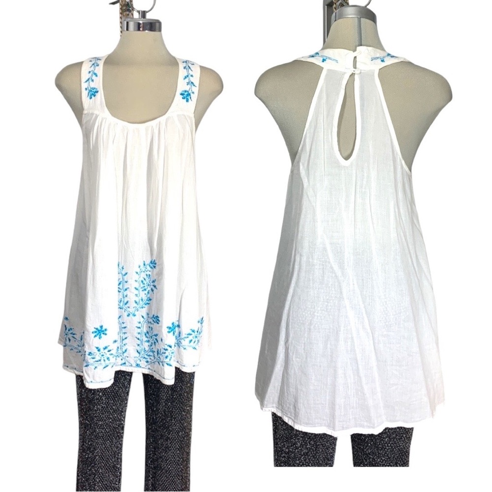 RAVIYA Embroidery White Tall Sleeveless Cotton Blouse Size L